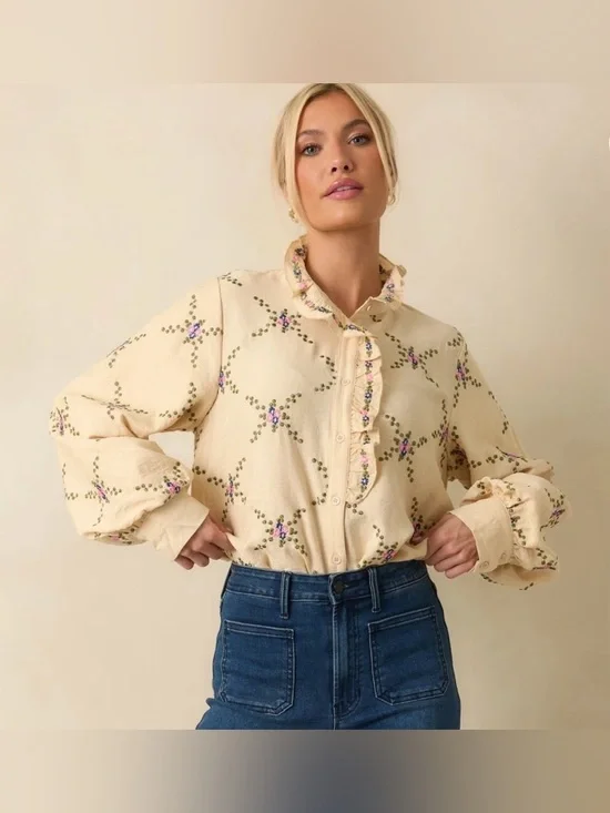 NEW Ivory Multi Floral Embroidered Long Sleeve Spring Blouse Medium - Picture 1 of 5